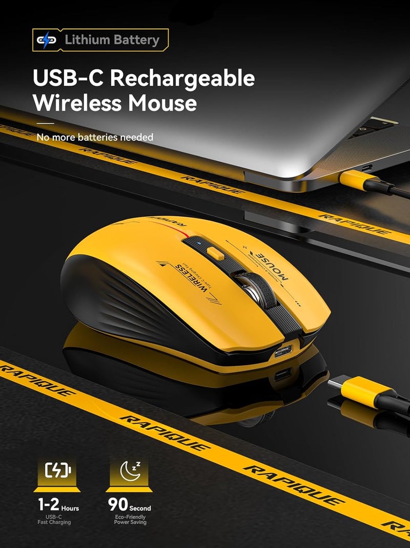 RAPIQUE Bluetooth Wireless Mouse - (BT1/BT2+USB Receiver) Tri-Device Compatibility for PC, Laptop, Computer, MacBook, Tablet (Black and Yellow) - Image 4